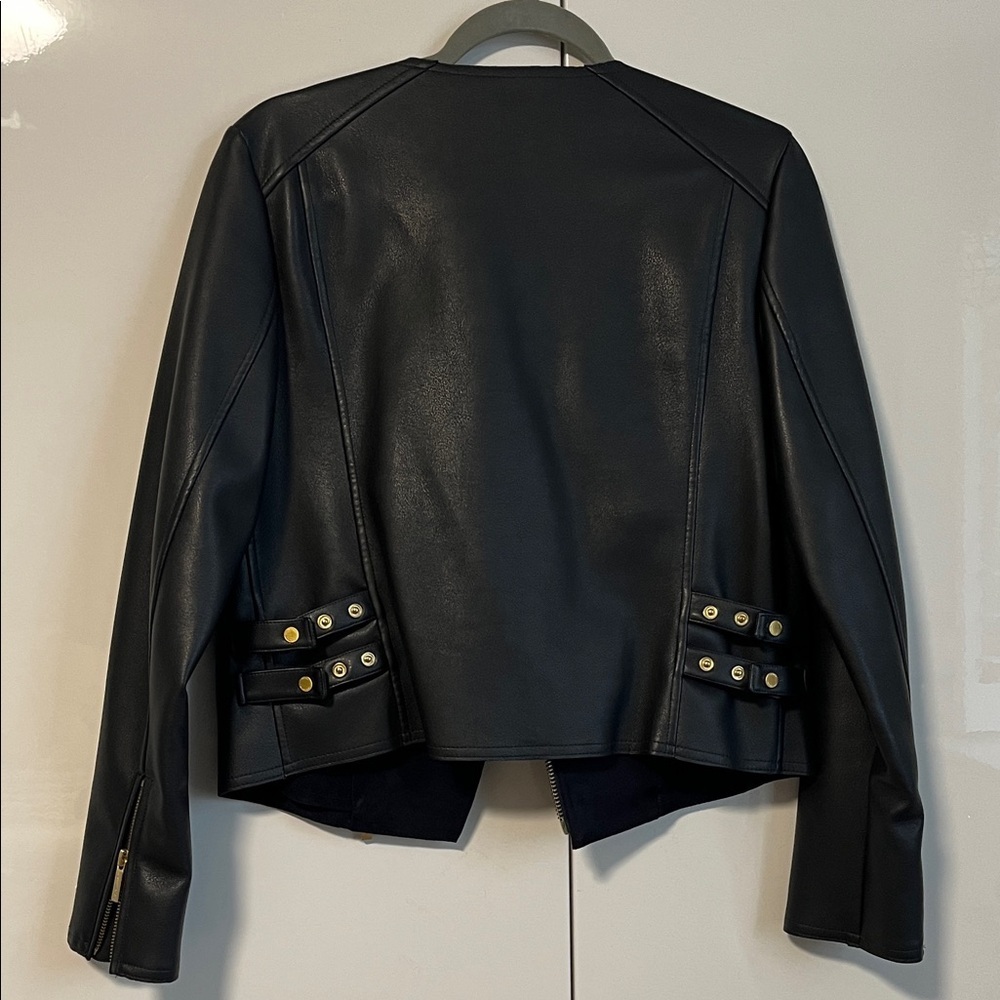 NWOT MICHAEL KORS Navy Faux Leather Moto Jacket Gold Button, Size M - Picture 7 of 11